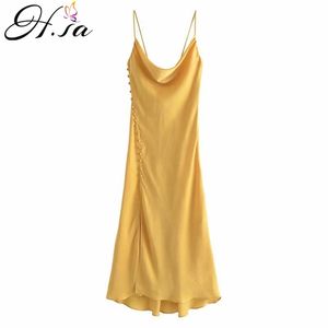 Hsa Summer Women Slip Satin Maxi Dress Backless Lace Up Elegant Shiny Party Midi Dress 210716