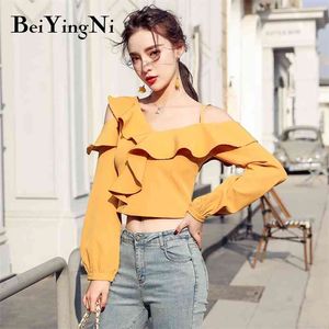 Sexy Off Schulter Cropped Tops Weibliche Einfarbig Langarm Rüschen Casual Blusen Frauen Elegante Koreanische Shirts 210506