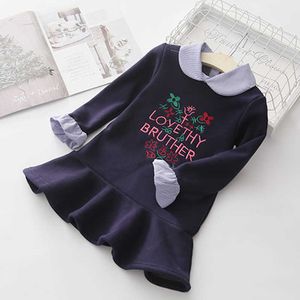 Winter Warm Cute 2 3 4-12 Years Baby Flare Sleeve Peter Pan Collar Letter Pattern Plus Velvet Pretty Dress For Kids Girls 210529