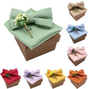 Nekbanden effen kleur katoen bowtie zakdoek bloem broche set voor mannen vrouwen partij bruiloft blauw roze groen bowties nieuwigheid cadeau