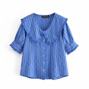 Mulheres Chic Verão Stripe Camisa Azul Vintage Única Moda Breasted Peter Pan Collar Spruff Sleeve Blusa Feminino Tops 210521