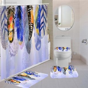 Shower Curtains Colored Feather Fabric 4 Pieces Set For Bathroom Screen Curtain 180x180cm Pedestal Rug Lid Toilet Cover Bath Mat