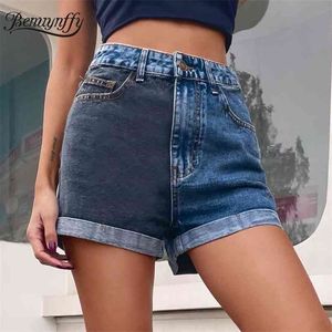 Button Fly Rolled Hem Patchwork Denim Shorts Women Summer Casual Fashion Streetwear Pocket Ladies High Waist 210510