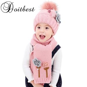 Doitbest flower childrens winter hat beanies sets velvet wool kids boys Knit fur hats winter baby girl scarf set