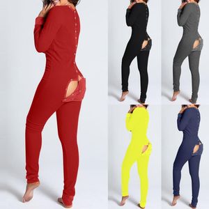 Jumpsuits femininos macacão macacão lingerie Button-Down Flap Functional Flap Adultos Manga Comprida Casa Terno Pijama Para As Mulheres Sleepwear