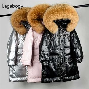 Lagabogy Winter Women Natural Raccoon Fur Hooded Coat Female 90% White Duck Down Parkas Glossy Puffer Jacket Waterproof 211126