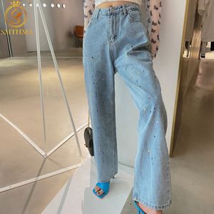 Sonbahar Yüksek Bel Düz Kadın Kot Kadınlar için Moda Açık Mavi Pantalones Vaqueros Mujer 210520