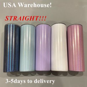 Local Warehouse! Sublimation Tumbler 20oz STRAIIGHT Glitter Tumblers Stainless Steel Rainbow Tumblers Vacuum Insulated Beer Coffee Mugs USA Warehouse