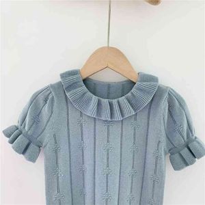 Super Beautiful Kids Girl Letnia Dzianiny T Shirt Raffle Collar Piękny Toddler Tshirt Krótki Rękaw Cienkie Knit Topy 210619