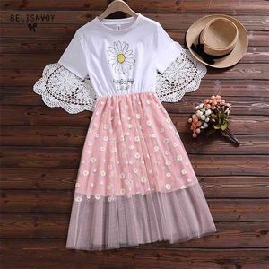 Abito estivo giapponese da donna bianco piccolo margherita margherite stampate maglia patchwork manica corta carino kawaii tulle es 210520