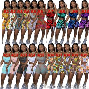 Sommar Kvinnor Tracksuits Sexiga Shorts 2 Två Piece Byxor Set Cartoon Printed Outfits Lady Jogger Passar Suspender Toppar A001 0