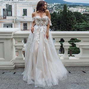 2021 Sexy Sweetheart Lace A Line Wedding Dresses Off Shoulder Sleeveless Tulle Gowns for Brides Formal Dress