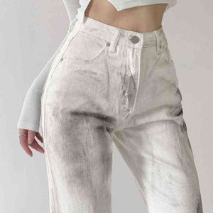 Kvinnors jeans sommar hajuku slips färgämne utskrift lös mode bredben långa byxor rakt baggy denim byxa streetwear 211129