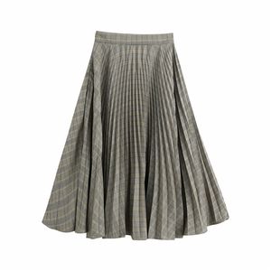 Elegant women grey plaid skirt autumn fashion ladies high waist pleated s vintage female zipper long girls chic 210427