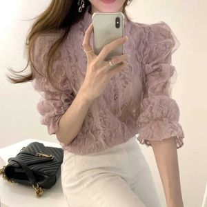 Blusas Spring Stand Collar Pullover Fashion Women Clothes Korean Lace Blouse Women Office Lady Elegant Solid Lace Tops 210527