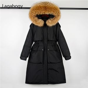 Lagabogy Grande Vera Pelliccia di Procione Lungo Piumino Parka Donna Inverno 90% Anatra Bianca Cappotto Super Addensare Caldo Piumino Giacca da Neve 211011