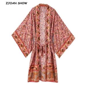 Outono Boho Localização Floral Impressão Longa Kimono Camisa Rosa Hippie Mulheres Laço Laço Cardigan Cardigan Solta Blusa Tops Holiday 210429