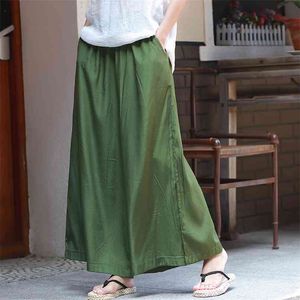 Johnature Summer Wide Leg Pants Solid Color Women Loose Elastic Waist Pockets Casual 3 Colors Ankle-Length 210915