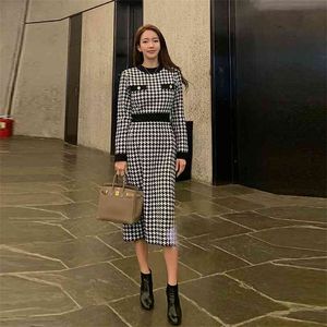 Women's Autumn and Winter Sweater Dress French Houndstooth Knit Thin Waist Fall Long Sleeve es PL268 210506