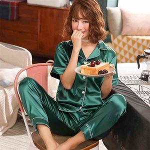 JULY'S SONG 2 Pieces Short Sleeve Silk Pajamas Faux Satin Set Long Pants Sleepwear Suit Homewear 210809