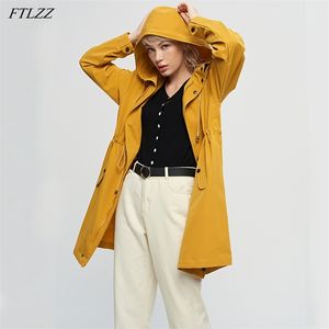 Höst Kvinnor Windbreaker Hooded Long Trench Jacket Spring Casual Green Tunn Coat Loose Yellow Outwear Retractable Midja 210430