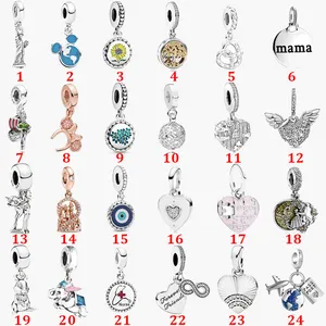 Gioielleria raffinata Autentico argento sterling 925 con perline Pandora Charm Bracciali Charms Love Heart Blue Crysta Catena di sicurezza Ciondolo perline fai da te