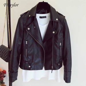 FitAylor Feminino Primavera Outono PU Jaqueta de Couro Faux Couro Macio Cabelo Slim Rebigor Preto Zipper Motocicleta Casacos Rosa 210909