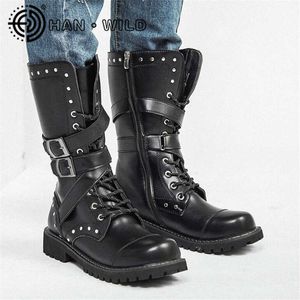 High Top Desert Tactical Military Boots Mens Leather Motorcycle Army Combat Fashion Male Gothic Belt Punk 210826