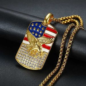 Hiphop American Flag Eagle Pendant 4 Storlek Rostfritt Stålkedja Militär Soldat Mäns Halsband Gyllene Neck Smycken Drop