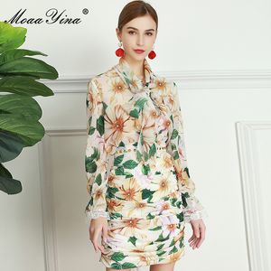 Мода набор весенних летних женщин с длинным рукавом блузки с длинными рукавами + бисером ruched юбка Camellia Цветочный принт из двух частей набор 210524