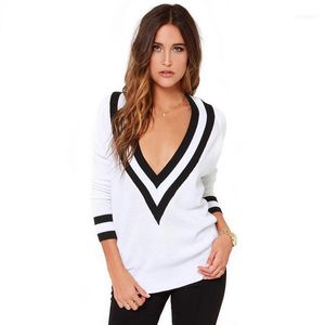 Kvinnors Tröjor Partihandel - Kvinnor Slim Svart Striped Deep V Neck Vind Navy Vit Strikkad Sweater Jumper Pullover Knitwear Blusar Pull Femme