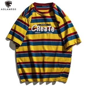 Aolamegs Rainbow Striped Tシャツの男性緩い原宿レトロティートップシャツ男性夏の韓国風半袖ヒップホップTシャツ210706
