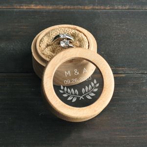 Caixa personalizada do portador do anel, caixa personalizada do anel de casamento, caixa do suporte de anel de madeira, data das iniciais de casamento rústicas