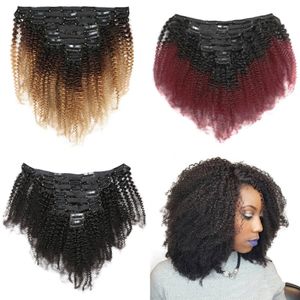 Brazilian Afro Kinky Curly Clip in Human Hair Extensions 8Pcs 120g/Set 1b/4/27 1b/99j Burgundy Natural Color Clips On