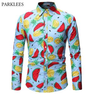 Vattenmelon mönster tryck långärmad tröja herrmode pineapple fruktmönster avslappnad smal skjorta för män chemise homme 210524