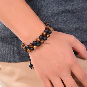 Natural Stone Tiger Eye Lava Rock Double Row Armband Woven Justerbara dubbelskiktarmband Bangle manschett för kvinnor män mode smycken vilja och sandig