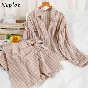 NEPLOE VINTAGE SLAID 2 PCS Kvinnor Set Slå ner Krage Långärmad T-shirt + Hög midja Hip Bow En Linje Skirt Vår Loose Suit 210423