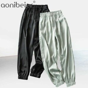 Kobiety Moda Solid Satin Joggers Spodnie Wysokiej Elastyczna Talia Długie Spodnie Spodnie Spodnie Kobiet Przypadkowi Dna ołówek 210604