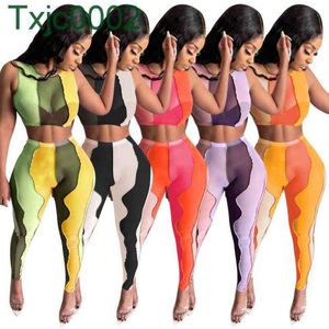 Women Two Piece Pants Designer Tracksuits Slim Sexy Sleeveless Vest Trousers Mesh Irregular Colour Stitching Plus Size Sportwear Outfits