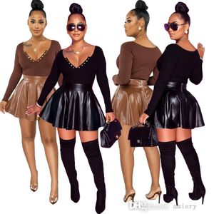 Pleated PU Leather Dress Outfits Fashion Solid Color Long Sleeve V Neck 2022 New Arrivals Feather Two Piece Skirt Set