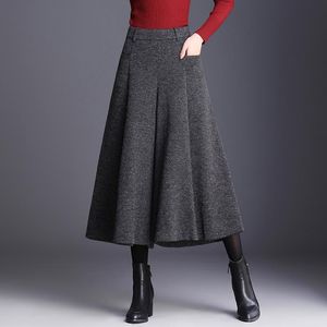 Calças Femininas Capris Preto Cinza Feminino Perna Larga Outono Inverno Lã Sabor Calças Cintura Alta Culottes