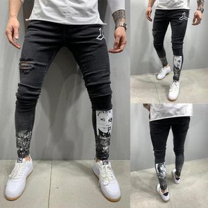 Herren Skinny Jeans Stretchy Hose Denim Slim Fit Ausgefranste Rip Floral Lange Herren