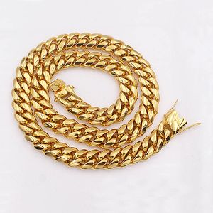 Kubanische Kette, Designer-Schmuck, klassische Herren-Halskette, Edelstahl-Schmuck, hochglanzpolierter Hip-Hop-Doppelsicherheitsverschluss, 18 Karat, 18 Zoll, 14 mm, Weihnachtsgeschenk