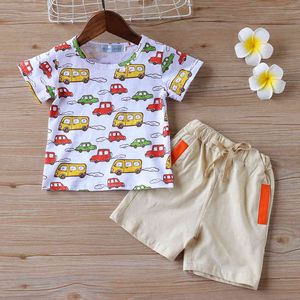 Set di vestiti per ragazzi Summer Short White Cartoon CarPrinting T-shirt Top + Shorts 2Pcs Suit Kids 210515