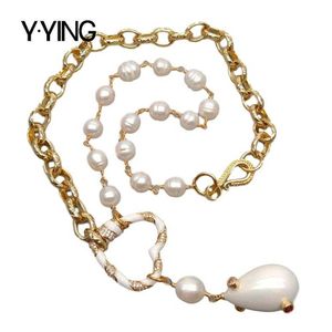 YYING natural White Rice Freshwater Pearl Chain Necklace Sea Shell Pearl Pendant 20 X0707