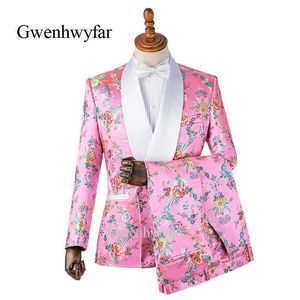 Gwenhwyfar Colorful Begonia Flower Printed Men Suits Pink Tuxedos Shawl Lapel Double Breasted Men Wedding Suits (Jacket+Pants) X0909