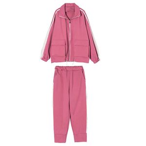 PERHAPS U Pink Balck Jacket Turn-down Collar Zipper Pocket Long Sleeve Ankle-length Pants Two-piece Set Women Sportswear T0309 210529