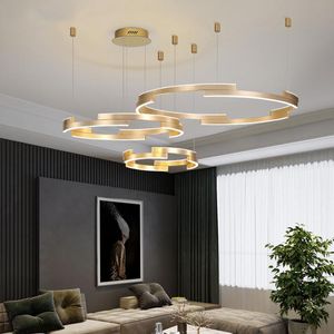 Modern LED ljuskrona för vardagsrum Sovrum Guld Runda Ringar Kort Heminredning Kök Fixtures Projekt Ljus Hängsmycke Lampor