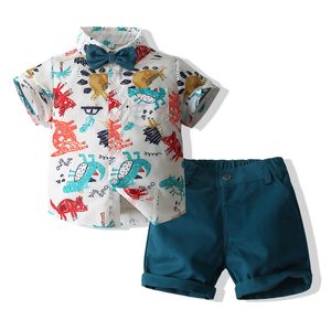 Infant Kids Boy Outfit Set Toddler Boy Dinosaur Prints Short Sleeve Button Shirt Top Solid Color Shorts Cotton Clothes Set