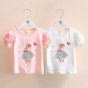 Mädchen Kleidung Sommer Baumwolle Weiß Rosa Einfarbig Bogen Herz Stickerei Prinzessin Kurzarm Oansatz Kinder Mädchen T-Shirt 210529